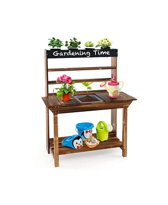 Wooden Potting Bench Table Outdoor Mud Kitchen with Solid Fir Wood Frame