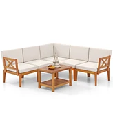 6 Pieces Acacia Wood Patio Furniture Set with Cushions and 2-Tier Coffee Table-White