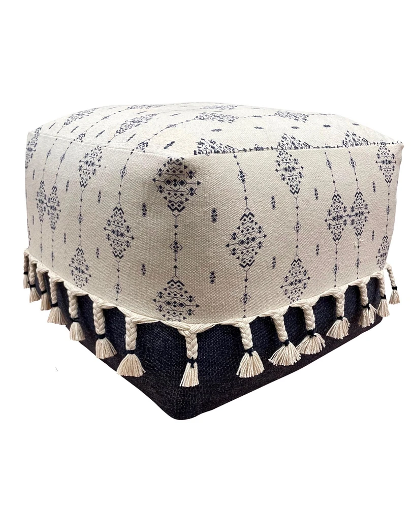 18" Natural and Navy Blue Cotton Medallion Pouf Ottoman