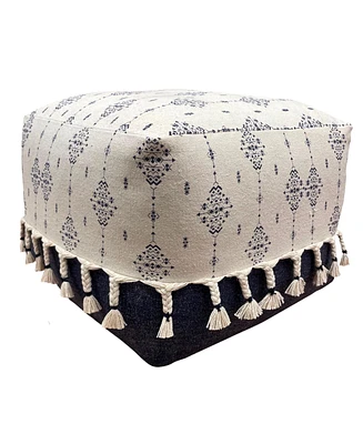 18" Natural and Navy Blue Cotton Medallion Pouf Ottoman