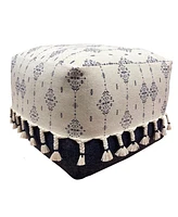 18" Natural and Navy Blue Cotton Medallion Pouf Ottoman