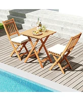 Outdoor Wood Bistro Set with Soft Seat Cushions and Table