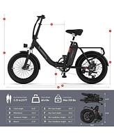 Off White Electric Bike, 20" Fat Tire Step-Thru Electric Bicycle, 900W Peak Motor 45 Miles 20MPH Top Speed, Dual Suspension & 7-Speed Folding Ebi