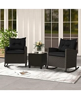 3-Piece Patio Rattan Roker Chairs with Tempered Glass Table and Soft Cushions-Black