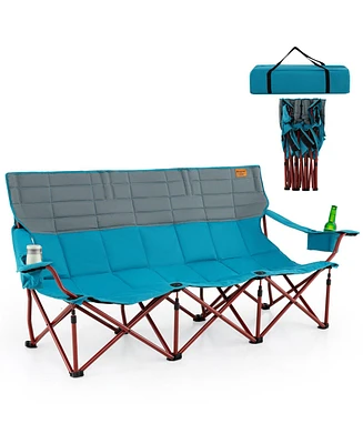 3 Person Folding Camping Chair with 2 Cup Holders Cotton Padding & Storage Bag