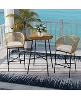 3 Pieces Rope Woven Patio Bar Set with Soft Cushions and Acacia Wood Tabletop