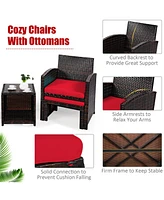 5 Pieces Patio Rattan Furniture Set with Ottoman and Tempered Glass Coffee Table