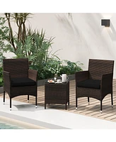 3 Pieces Outdoor Conversation Set with Cushioned Seat and Glass Tabletop-Black