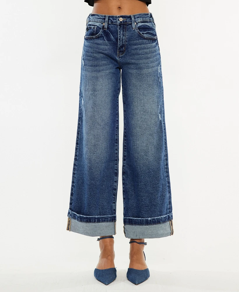 Kancan Women's High Rise Wide Leg Pull On Jeans