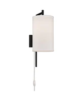 Bixby Modern Wall Mounted Lamps Set of 2 with Cord Black Metal Plug-In Light Fixture White Fabric Drum Shades for Bedroom Bedside House Reading Living