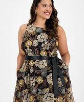 Tahari Asl Plus Embroidered-Mesh Tie-Waist Dress