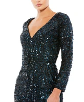 Mac Duggal Women's Ieena Sequined V-Neck Long Sleeve Gown