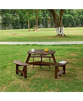 63 in. Brown Round Wood Picnic Table Seats 6 with Umbrella Hole
