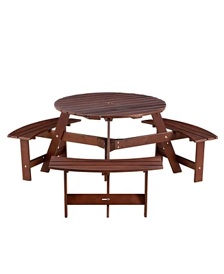 63 in. Brown Round Wood Picnic Table Seats 6 with Umbrella Hole