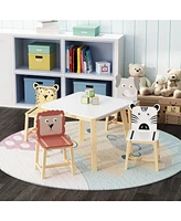 5 Piece Kiddy Table and Chair Set , Kids Wood Table with 4 Chairs Set Cartoon Animals