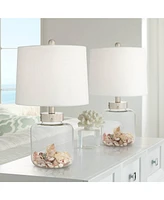 Country Coastal Small Accent Table Lamps 20.5" High Set of 2 Clear Glass Fillable Shells White Drum Shade Decor for Living Room Bedroom Beach Hou