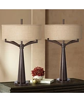 Tremont Mid Century Modern Industrial Table Lamps 31.5" Tall Set of 2 Rich Bronze Iron Burlap Fabric Drum Shade for Living Room Bedroom House Bed