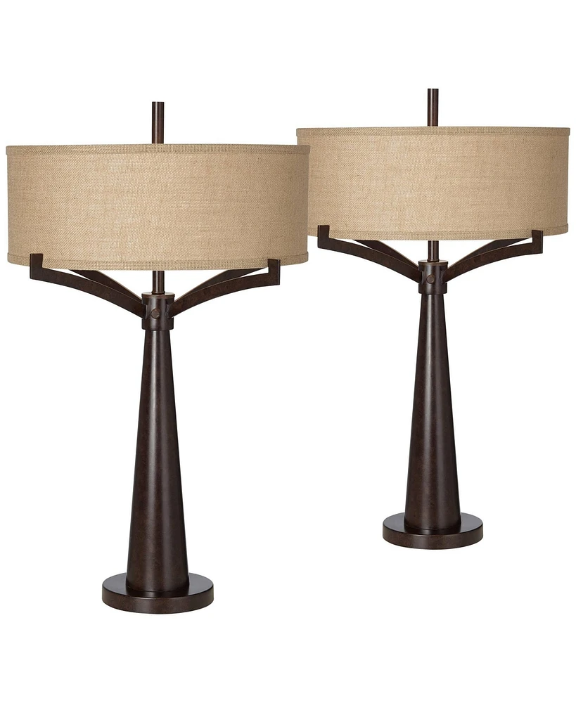 Tremont Mid Century Modern Industrial Table Lamps 31.5" Tall Set of 2 Rich Bronze Iron Burlap Fabric Drum Shade for Living Room Bedroom House Bed