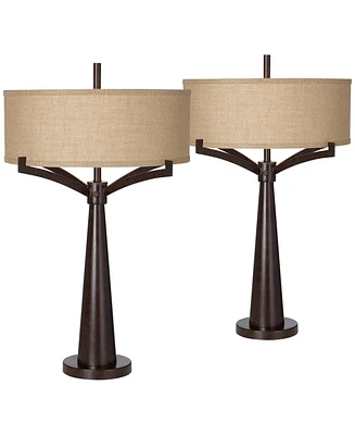 Tremont Mid Century Modern Industrial Table Lamps 31.5" Tall Set of 2 Rich Bronze Iron Burlap Fabric Drum Shade for Living Room Bedroom House Bed