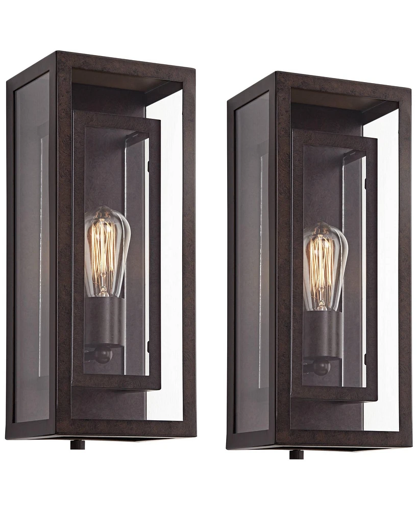 Double Box Rustic Industrial Farmhouse Outdoor Wall Light Fixtures Set of 2 Bronze 15 1/2" Clear Glass for Exterior Barn Deck House Porch Yard Pa