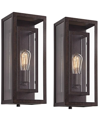 Double Box Rustic Industrial Farmhouse Outdoor Wall Light Fixtures Set of 2 Bronze 15 1/2" Clear Glass for Exterior Barn Deck House Porch Yard Pa