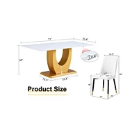 Snow Mountain Dining Set: 71" Table, Gold Legs & 8 White Pu Chairs