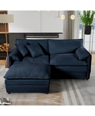 Deep Seat Chenille Sectional Sofa with Ottoman - Blue