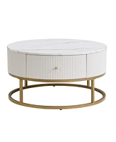 31.5" Round Coffee Table w/ Drawers, Faux Marble Top