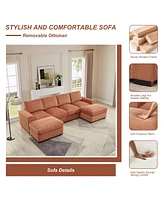 Corduroy Sectional Sofa with Ottomans - Orange