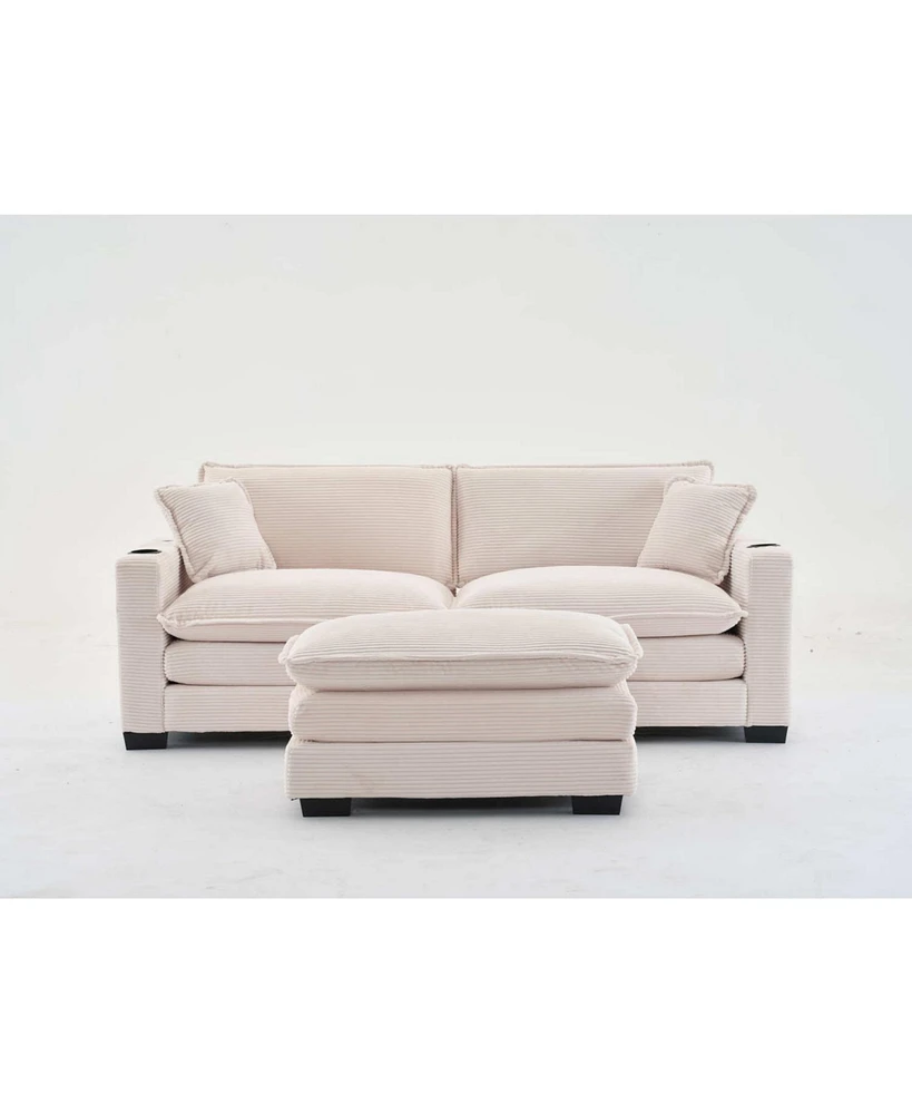L Shape Corduroy Sofa w/ Usb, Cup Holder & Ottoman - Beige