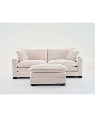 L Shape Corduroy Sofa w/ Usb, Cup Holder & Ottoman - Beige