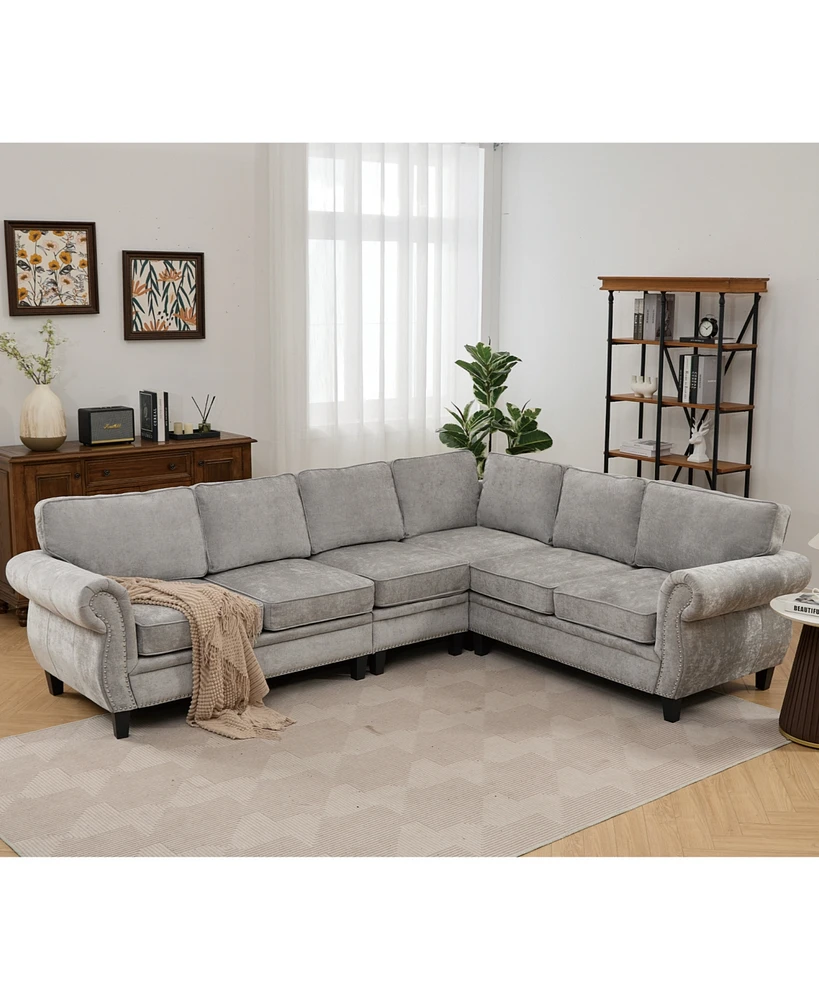109.5" Light Gray Chenille Sectional Sofa, Rivets & Rolled Arms