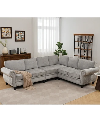 109.5" Light Gray Chenille Sectional Sofa, Rivets & Rolled Arms