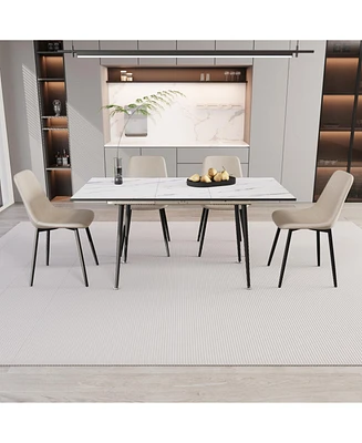 47-63" White Extendable Dining Set: Table & 4 Beige Chairs