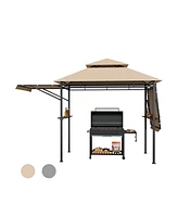 13.5 x 4 Feet Patio Bbq Grill Gazebo Canopy with Dual Side Awnings-Beige