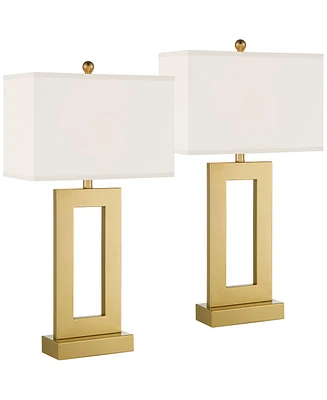 Marshall 30" Tall Open Rectangle Large Modern Luxe Glam End Table Lamps Set of 2 Gold Finish Metal White Shade Living Room Bedroom Bedside Nights