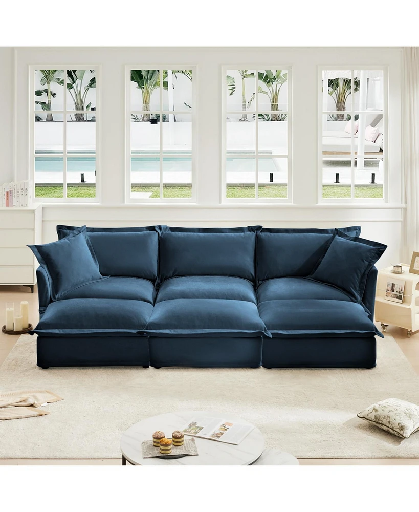 Blue Chenille Slipcovered 3-Seater Sofa with Pillows