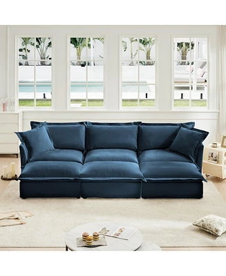 Blue Chenille Slipcovered 3-Seater Sofa with Pillows