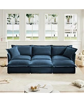 Blue Chenille Slipcovered 3-Seater Sofa with Pillows