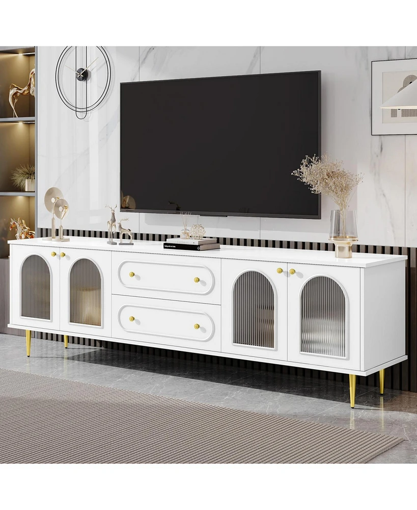 Modern 78.7" Tv Stand with 2 Drawers and 2 Glass-Door Cabinets