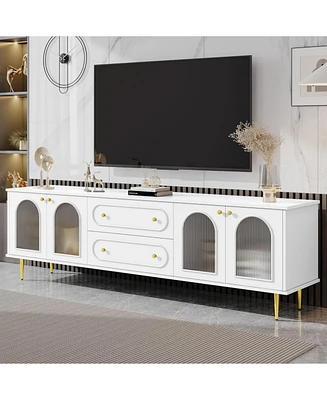 Modern 78.7" Tv Stand with 2 Drawers and 2 Glass-Door Cabinets