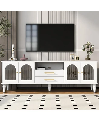 Retro Tv Stand Console with Fluted Glass Doors for 75" TVs