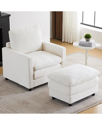 Upholstered Corduroy Armchair with Ottoman, Oversized Sleeper Chair for Bedroom, Living Room, Office (Beige)