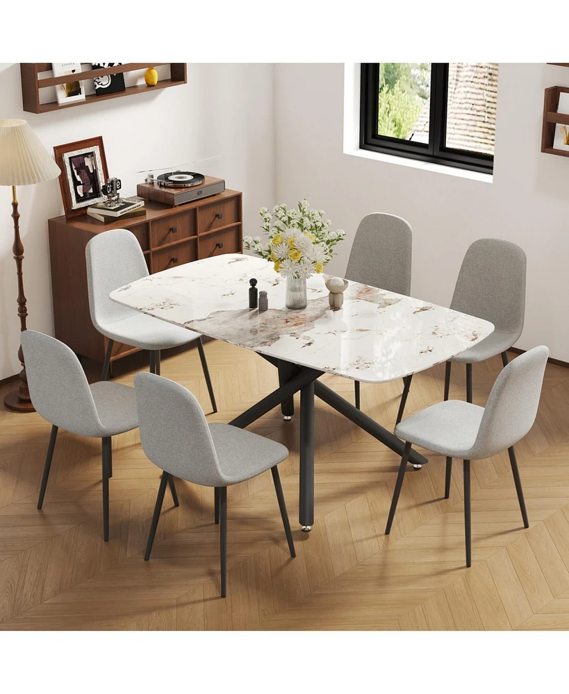 White Marble Dining Set: 63" Table & 6 Gray Chairs