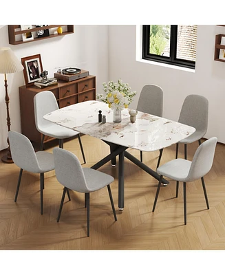 White Marble Dining Set: 63" Table & 6 Gray Chairs