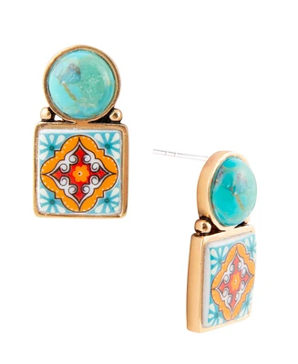 Barse Talavera Tile Blue Turquoise Golden Drop Earrings