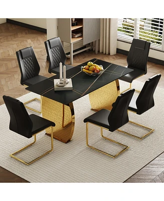 63" Black Sintered Stone Table & 6 Pu Chairs - Golden Legs