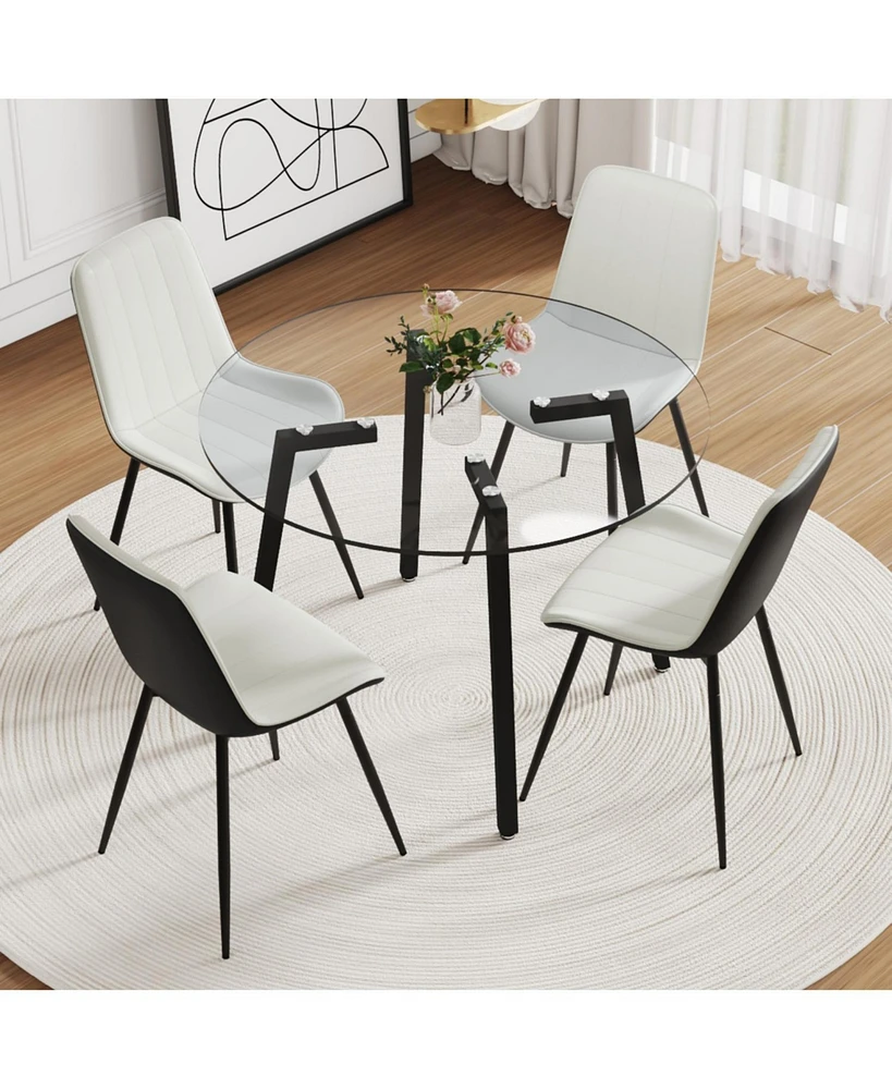 42" Glass Table & 4 Pu Chairs - Modern Minimalist Set