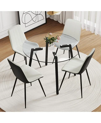 42" Glass Table & 4 Pu Chairs - Modern Minimalist Set