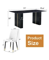 Tempered Glass Dining Set - 71" with 6 White Pu Chairs